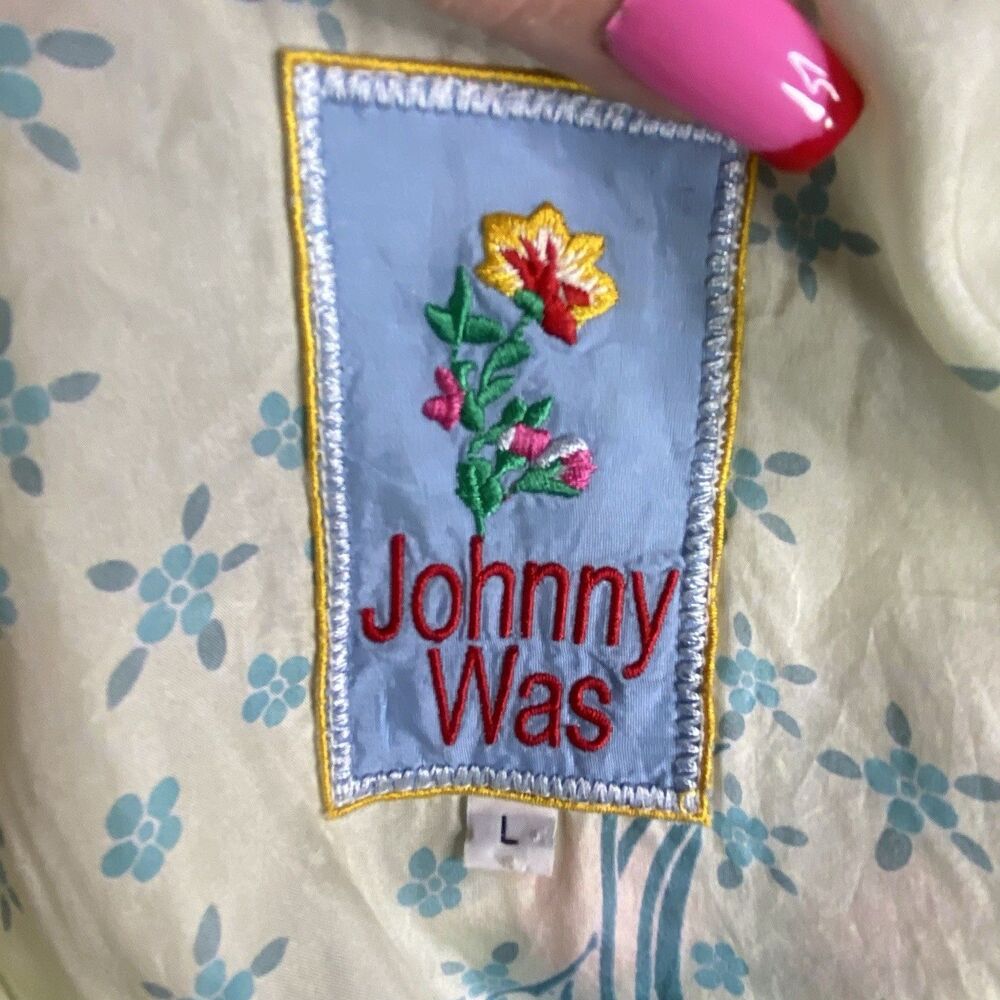 Johnny Was 100% Silk Tunic Blouse Cream Blue Floral Large Boho Print Artisan Top - Picture 7 of 9